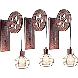 【Aplique de pared Industrial】 Lámpara de diseño creativo de polea, con revestimiento de color oxidado. La pantalla colgante en forma de jaula ayudará a crear un ambiente agradable.