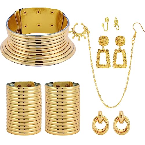 Finzor 10Pcs African National Jewelry Women Set Flamboyant Egypt Choker Bracelet African Nose Rings Hoop African Nose Cuff Chain Earrings For Halloween Theme Party #TOP26