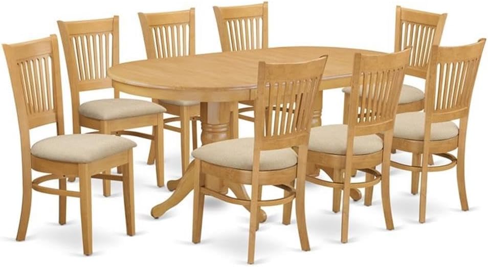 Pemberly Row Contemporary 9-Piece Wood Dining Set, Oak Finish, Double Pedestal Oval Table with 18 in Self-Storage Extension Leaf, 8 Slat-Back Dining Chairs, Linen Fabric Seats, Stylish Kitchen or