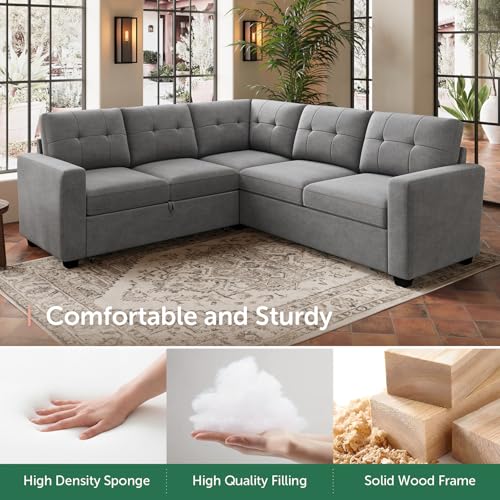 Image of HONBAY 5-Seater U-Shaped Sectional Sleeper Sofa with Pull-Out Bed, Pet-Resistant Fabric Sectional Couch for Living Room, Grey