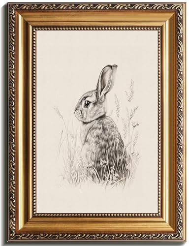 uniro Vintage Gold Framed Wall Art, Farmhouse Decor Easter Bunny Sketch Canvas Art Prints Painting, Antique Neutral Rabbit Drawing Picture Wall Decor, Rustic Animal Woodland Nursery Frame Art for Bedroom, Gallary, Living Room, Office, Cottagecore decor - 12x16Inch