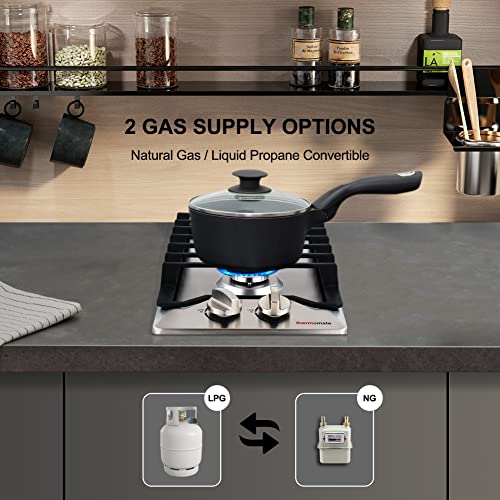 12 Inch Gas Cooktop, Thermomate Built In Gas Rangetop With 2 High Efficiency Sabaf Burners, Ng/Lpg Convertible 304 Stainless Steel Gas Stove Top With Flame Out Protection, Csa Certified #TOP3
