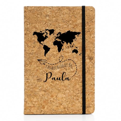 Libreta personalizada con Nombre y Diseño de Corcho. Cuaderno Personalizado. Libreta A5 80 Hojas. Tapa Rígida 14x21cm Corcho Natural. Diario personal. Cuaderno A5. Viajes accesorios. Mapamundi