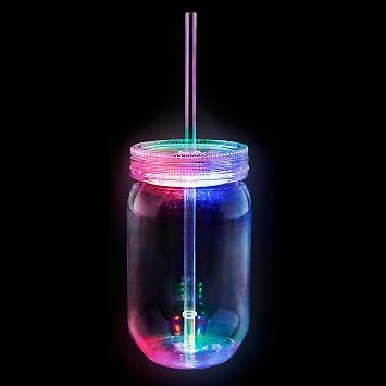 22 Oz Light-Up Flashing Mason Jar Drink Cup with Straw and Screw-On Lid with Multicolor LED Lights for Bars, Parties, Raves, Concerts, Festivals, Great Novelty Gift