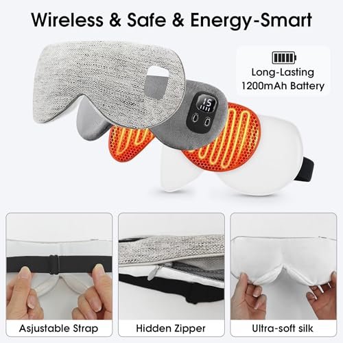 Heated Eye Mask, Cordless Rechargeable Eye Compress, Eye Relief, Improved Sleep, Washable Eye Mask, 4 Heat Levels, 4-Level Timing - Gray