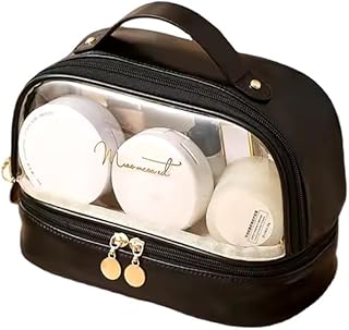 حقيبة مكياج محمولة مقاومة للماء تخزين مستحضرات التجميل للسفر مقسمة من الداخل بها مكان مخصص للفرش متعدد الوظائف مع طبقتين حجم كبير مناسبة لأدوات العناية الشخصية بتنظيم داخلي متنوع اسود