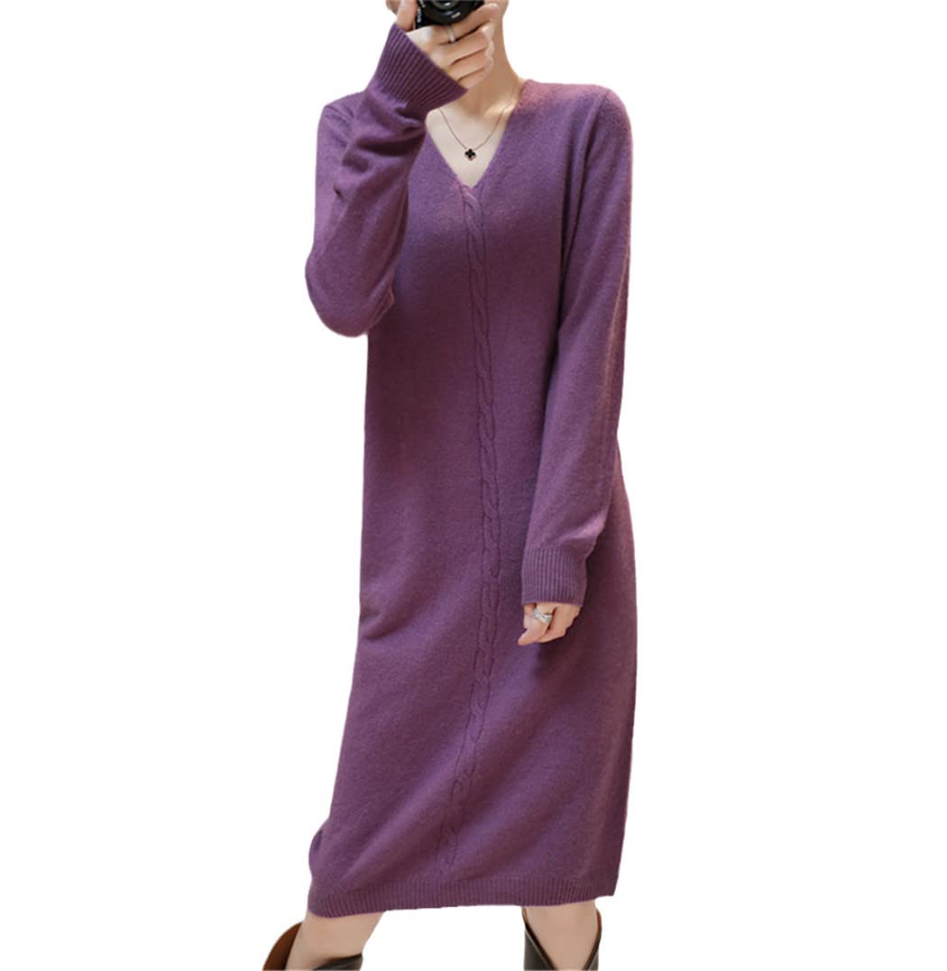Pull long en cachemire col en V Haitpant : l'élégance d'une robe midi violette