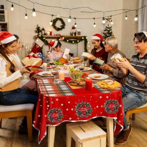 Plastic Christmas Tablecloth 54x108 Inch 3-Piece Set,Disposable Festive Red Poinsettia Pattern Holiday Dining Table Cloth for Christmas Party & Baby Shower Decorations – Image 8