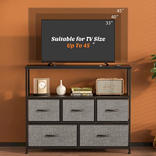 Dresser Tv Stand, Entertainment Center With 5 Fabric Drawers, Media Console Table For Tv With Open Storage Shelf Dresser For Bedroom/Living Room/Hallway #TOP1
