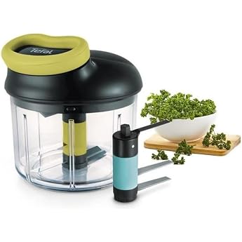 Tefal K13212 5-Second Chopper without Electricity 900 ml Universal Chopper for Vegetables Fruits Nuts Garlic Baby Food with Additional Ice Crusher Black/Green/Transparent