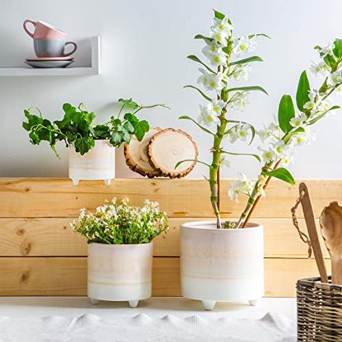 Nicola Spring Reactive Glaze Footed Plant Pot - Bohemian Planter Indoor Stoneware - 10.5cm - Natural