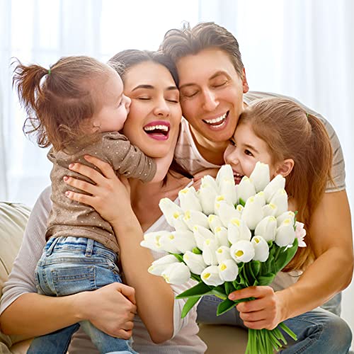 100 Pcs Artificial Tulip Real Touch Flowers False Pu Tulips Faux Latex Bouquet Flower Centerpieces Arrangement Wedding Bridal Bouquet For Christmas Holiday Garden Home Decorations Party (Milk White) #TOP6
