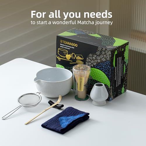 Image of Japanese Tea Set (7pcs) - Matcha Bowl With Pouring Spout, Bamboo Whisk (Chasen), Scoop (Chashaku), Whisk Holder, Tea Making Kit. N3, Lt. Grey