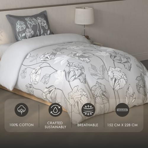 Image of Spaces Fiora Floral Single Bedsheet with 1 Pillow Covers | 100% Cotton Bed Sheet | Percale Bedding Set | Super Soft & Breathable Bedsheet | Light Grey | 152 x 228 Cm