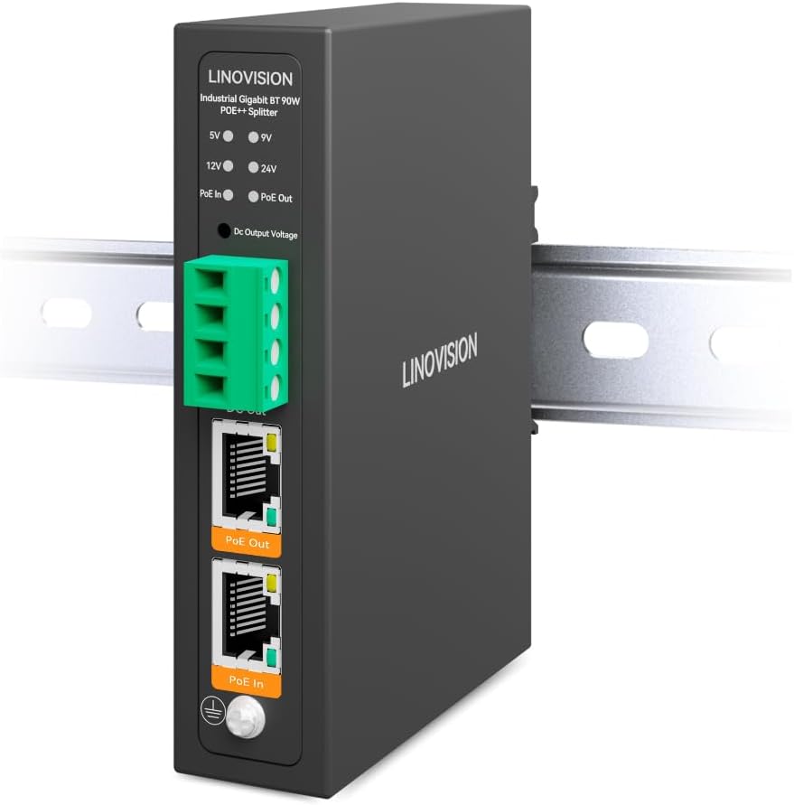 Linovision Industrial Gigabit 90W POE++ Splitter with IEEE802.3bt PoE and DC 5/9/12/24V Output, Din Rail Mounting, Power Supply for PTZ Cameras, Access Control Systems