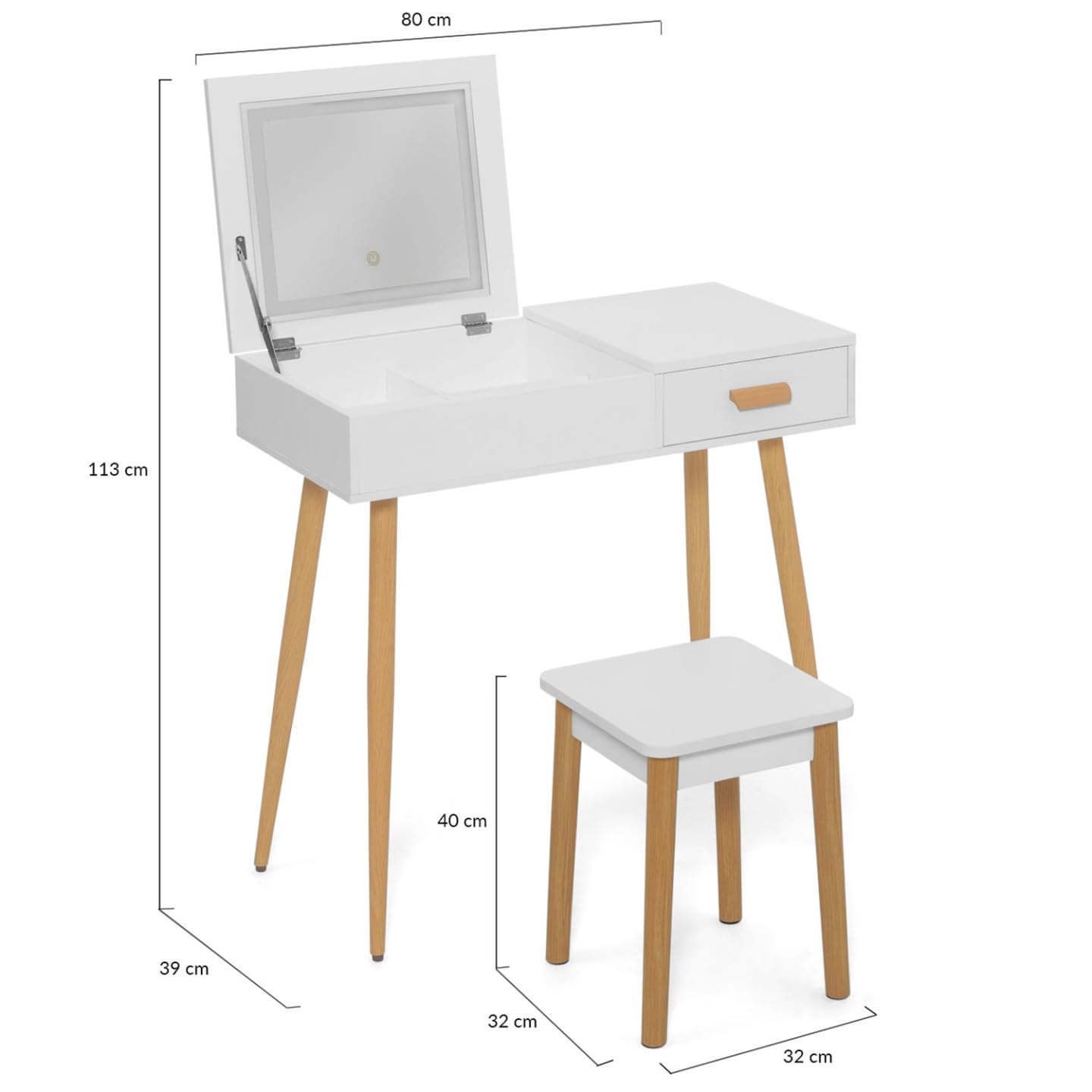 IDMarket - Coiffeuse scandinave Lisa Blanche Miroir Rabattable LED et Tabouret