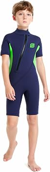 Kids Wetsuit, 2mm Girls Boys Shorty Wetsuits, Thermal Neoprene Swimsuit Warm Sun Protection Front Zip Ultra Stretch Diving Suit Chlid Wetsuit for Watersport
