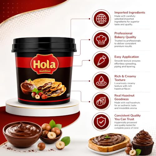 Image of Hola Hazelnut Spread | 1kg | Roasted Hazelnut | Smooth Creamy Chocolate Hazelnut Cream for Toast, Baking, Desserts & Snacks | Gluten-Free, Vegan Nutella Alternative (Pack of 1)