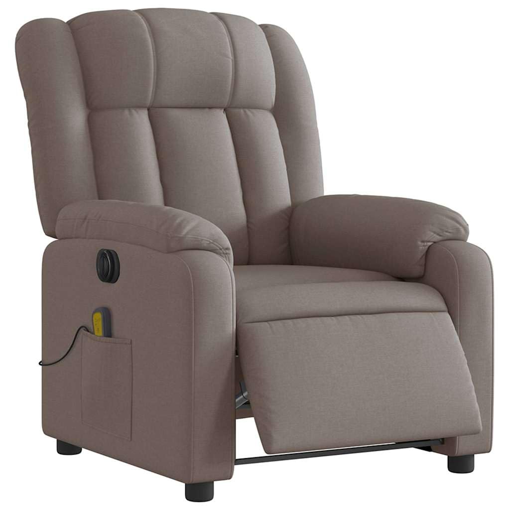Elektrischer Massagesessel aus Stoff Taupe mit 6 Vibrationspunkten und stabilem Rahmen, automatische Neigungsfunktion um 135 Grad und bequeme Armlehnen