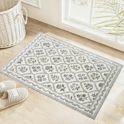 Bluish Green Floral Area Rug for Entryway Rug 2x3 Washable Small Mat Low Pile Non Slip Entry Soft Farmhouse Indoor Entrance Door Mat for Kitchen Bedroom Home Office Blue and White