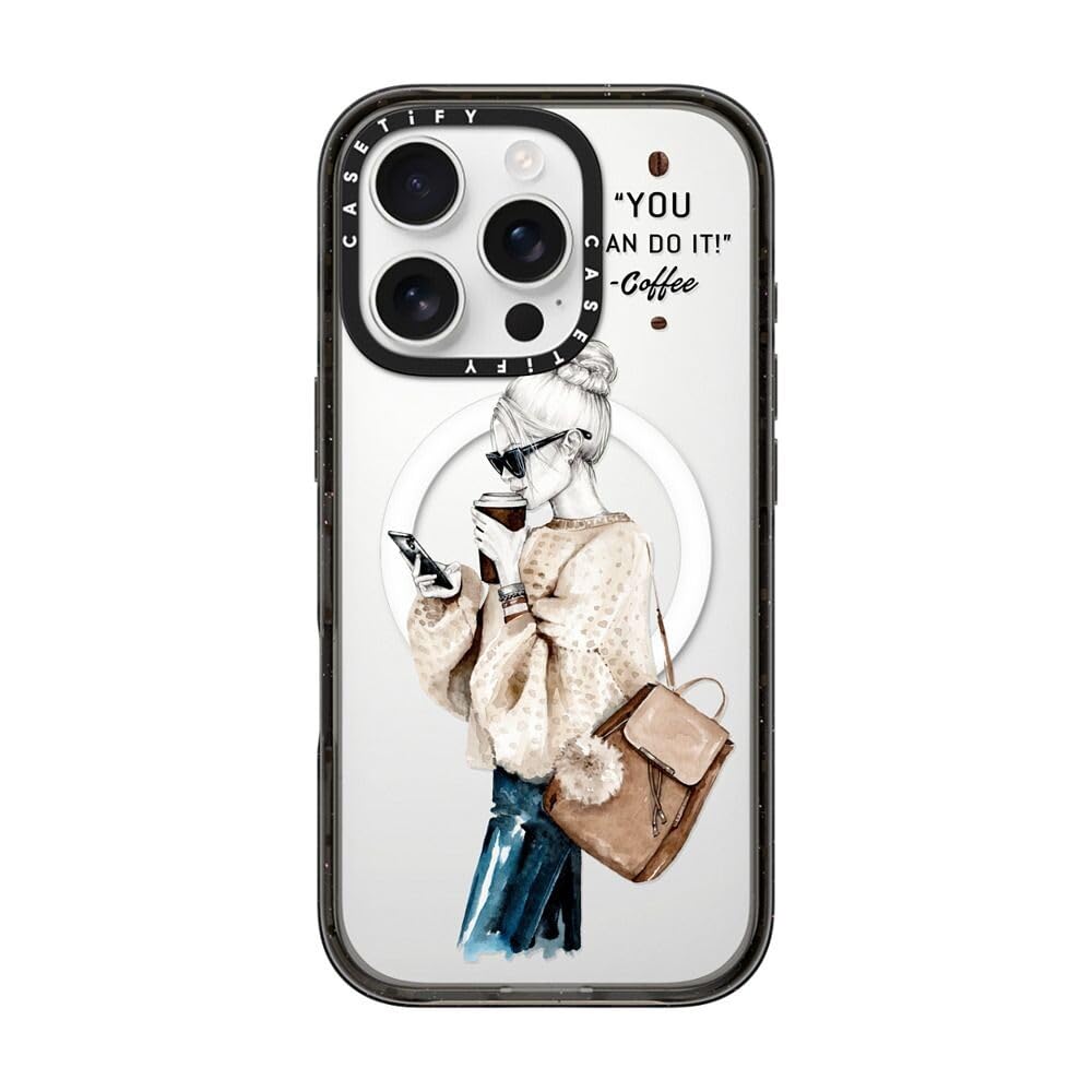 CASETiFY インパクト MagSafe対応 iPhone 16 Pro ケース [スリム / 2.5mの落下試験をクリア (MIL規格4倍相当) / ワイヤレス充電およびMagsafe対応] - Girl and coffee - クリア ブラック