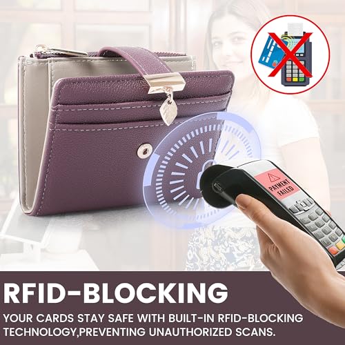 Image of Pomelo Best Wallet Women Bifold Leather Wallets for Women Credit Card Holder with ID Window Zipper Coin Pocket Deep Purple