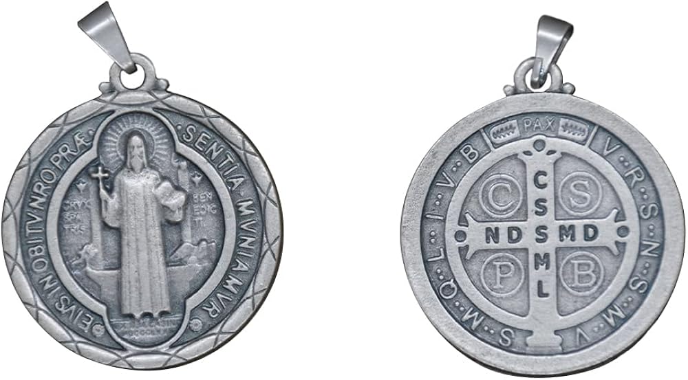 Miniatura 3 de Colgante redondo de medalla de San Benito Patrón de los estudiantes y Europa Metal plateado Gran regalo católico para primera comunión