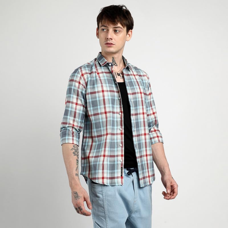 Image of Campus Sutra Men's Steel Blue Tartan Plaid Shirt for Casual Wear | Spread Collar | Long Sleeve | Button Closure | Shirt Crafted with Comfort Fit for Everyday Wear