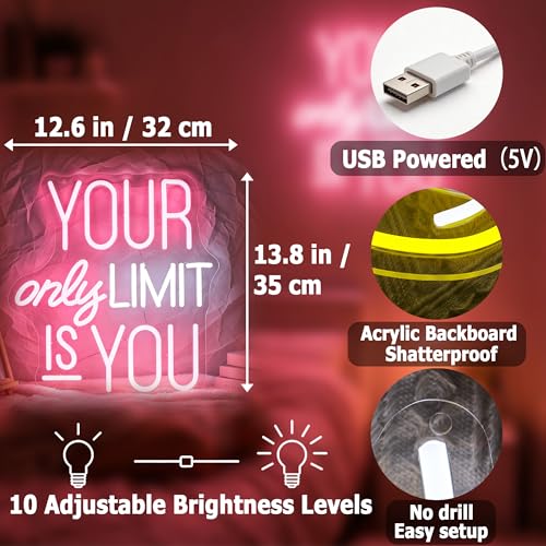 Image of Your Only Limit Is You Neon Sign for Wall Decor Positive Light Up Sign Inspiration Led Signs for Room Party Home Motivational Wall Decor USB Powered
