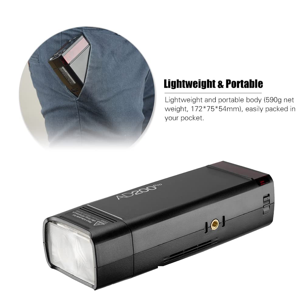 Godox AD200Pro Pocket Flash Portatil inalámbrico TTL con Cabeza Intercambiable (Speedlite/Bombilla Descubierta) GN52 GN60 1 / 8000s HSS 2.4G Wireless X System 200W para Nikon Sony Fujifilm