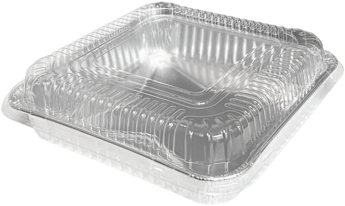 Disposable Aluminum 8" Square SHALLOW Cake Baking Pan - For Cooking, Heating, Storing, Meal Prep, Toaster Oven Roasting Pan With Dome Lids (100)