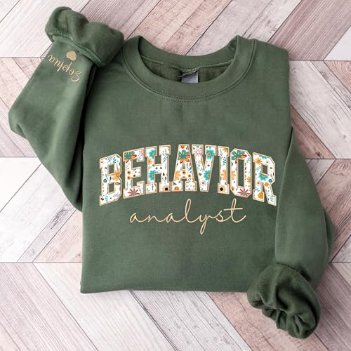 UrbanNEST Custom Behavior Analyst Embroidered Sweatshirt, Personalized Behavior Analyst Floral Applique Shirt, Custom Name on Sleeve with Heart, Gifts for BCBA, BCBA Sweater2