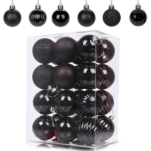 24Pcs Black Baubles for Christmas Tree Decorations 60mm/2.36 Large Xmas Bauble Hanging Ball Christma Balls Ornaments with String Shatterproof Black Christmas Baubles for Xmas Tree Holiday Party Decor