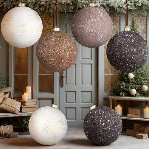 Tigeen 4 Pcs 6 Large Neutral Christmas Ball Ornaments Extra Large Velvet Vintage Rustic Brown Hanging Ornaments 150mm Glitter Earth Tone Winter Balls for Farmhouse Xmas Tree Home Decor(Vintage Style)