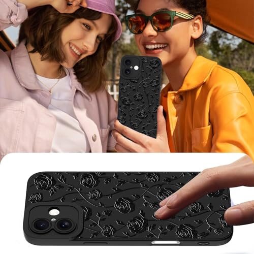 Image of Designed for iPhone 16 Case, Cute Rose Flower Floral Pattern Design, Slim Soft TPU Liquid Silicone Protective Cover for Women Girls - Black