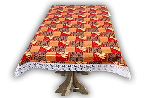 Image of The Furnishing Tree Waterproof PVC Rectangle Shaped 2 Seater Table Cover WxL 45x70 inches Surface Pattern Yellow with White Border lace