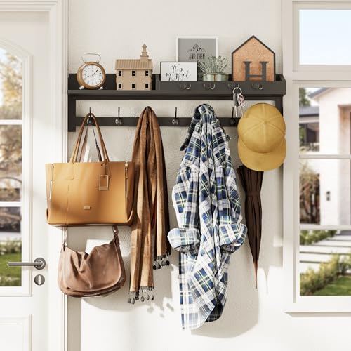 Image of AMBIRD 35 inch Wall Hooks with Shelf, Coat Rack Wall Mount, Large Coat Hanger for Wall, Entryway Shelf with 7 Dual Coat Hooks, 4 Key Hooks and Mail Organizer, Wooden Key Holder Rack (Black)