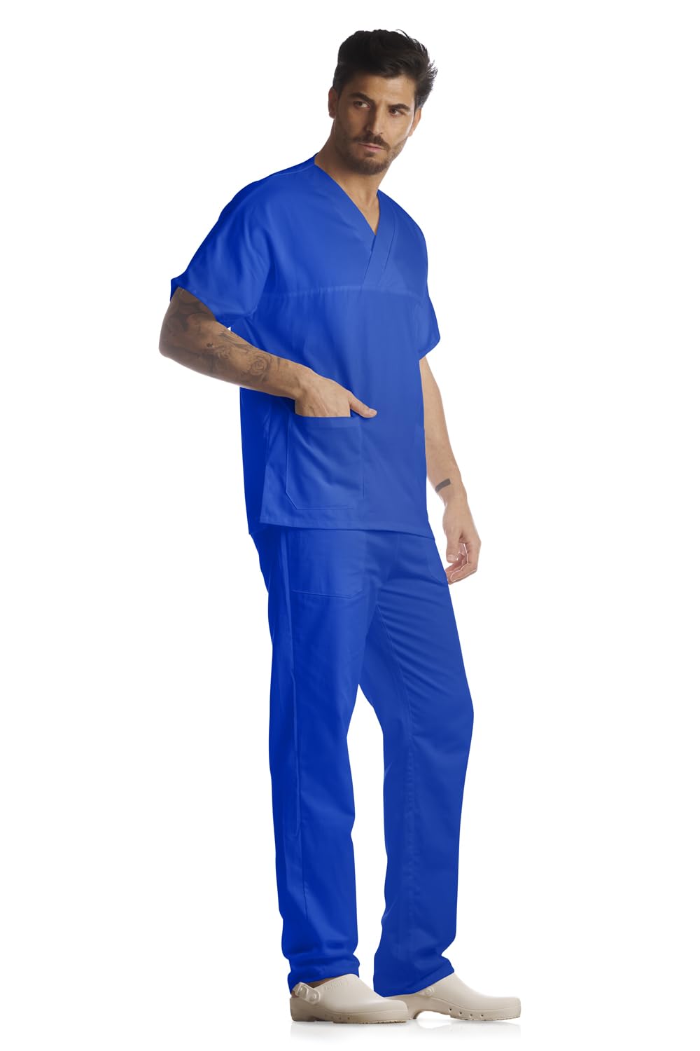 Tecno Hospital Casacca OSPEDALIERA, OSS, ESTETICA Infermiere, Medico, Sanitario, Laboratorio 2 Tasche Anteriori con Taschino, Spacchi Laterali, Scollo A V, Unisex (Blu, S)