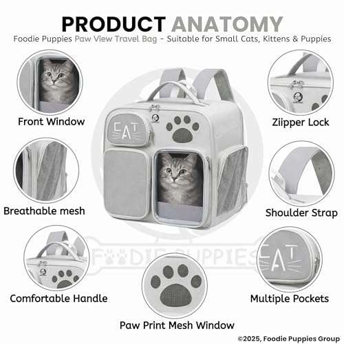 Image of Foodie Puppies Pet Carrier Backpack for Cats & Kittens (PawView) (46 x 40 x 23 cm) I Airline Approved with 2 Storage Pockets & 3 Mesh Breathable Windows | Soft-Sided Foldable Ventilated Bag for Travel