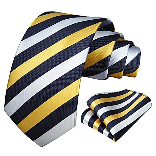 Image of HISDERN Stripe Tie Mens Ties with Pocket Square Set Classic 3.4'' Silk Formal Necktie Handkerchief for Business Wedding