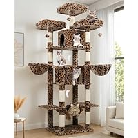 Globlazer Arbre à Chat Léopard Grand XXL Hauteur 204 cm avec 3 Perchoirs Rembourrés, 2 Niches, 2 Paniers, Hamac Souple, Arbres a Chat Stable pour 3-5 Grands Chats Repos Jeu Intérieur (F80, Léopard)