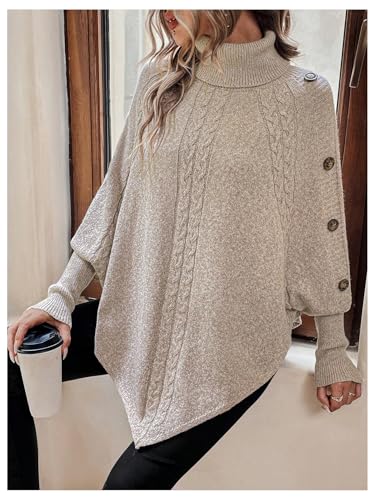 MakeMeChic Women's Cable Knit Turtleneck Poncho Sweater Asymmetrical Button Long Sleeve Pullover Tops4