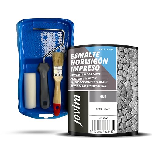 JOVIRA PINTURAS Resina-Esmalte Hormigón Impreso + Minicubeta, 2 Rodillo Antigota, Varilla y Paletina. (750 Mililitros, Gris + Minikit Esmalte) I-1-K