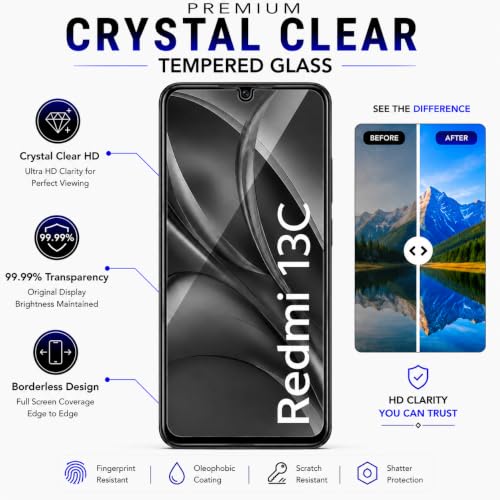 Image of ArmourPro 3D Borderless Tempered Glass for Redmi 13C, Poco C65 and Poco M6, Set of 2 HD Clear Screen Protectors with 3D Curved Edges, 9H Hardness, Oleophobic Coating, Case Friendly