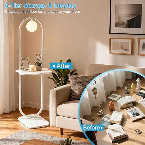 Image of Lightdot 47-Inch Arch Floor Lamp, Modern Standing Lamp with Table, White Metal Frame with Globe Shade, Living Room Bedroom Lighting, G9 LED Bulb Included for Sofa Beside /Corner Decor