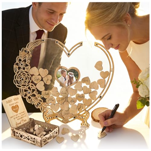 Wedding Guest Book with 100 Wooden Hearts 1 Sign Pen Set, Unique Wooden Heart Shaped Wedding Guest Book Alternative Baby Bridal Shower Birthday Baptism Graduation Wedding Decoration Memorial Days