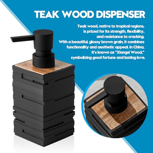 Image of YAUKPH Matte Black Teak Wood Hand Soap Dispenser 10 oz Square for Bathroom and Kitchen Countertops