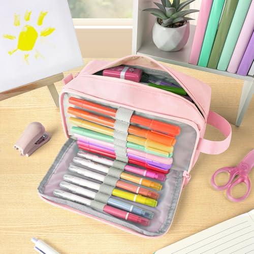 Image of Sooez Original High Capacity Pencil Case, Big Pencil Bag Pouch Box Organizer Pen Case, Aesthetic Supply for Girls Adults, Portable Journaling Supplies with Easy Grip Handle & Loop, Pink