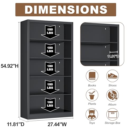 Image of 55 inch Tall Black Bookcase, 5 Tier Metal Bookshelf with Adjustable Shelves, Modern Deep Bookcase for Living Room, Home Office, Library