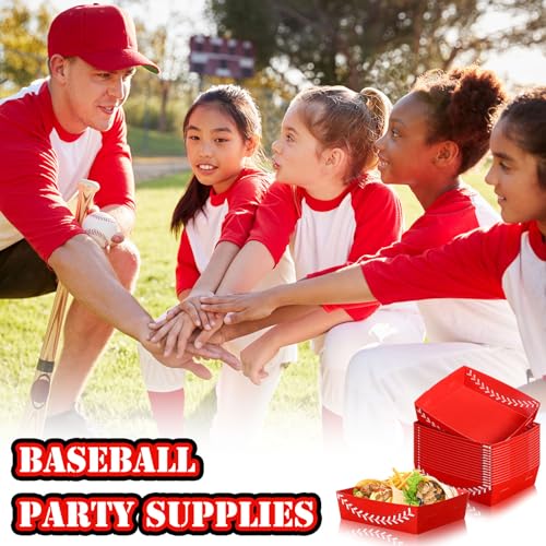 Image of Teling 36 Pcs Large Baseball Plates Party Trays 5 Lb Food Boat,Red | Paper Plates with Baseball Designs, Holds Nachos Burgers Fries, For Softball Birthday Party Supplies, Serving Snack Boats